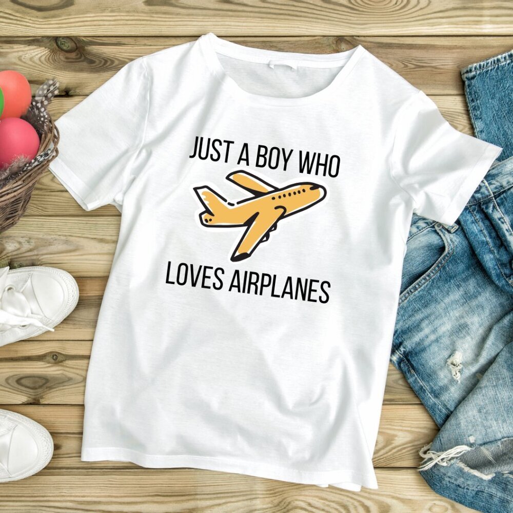 Handmade NWT Just a Boy Who Loves Air Planes | Kids White Graphic Tee (XS-XL)